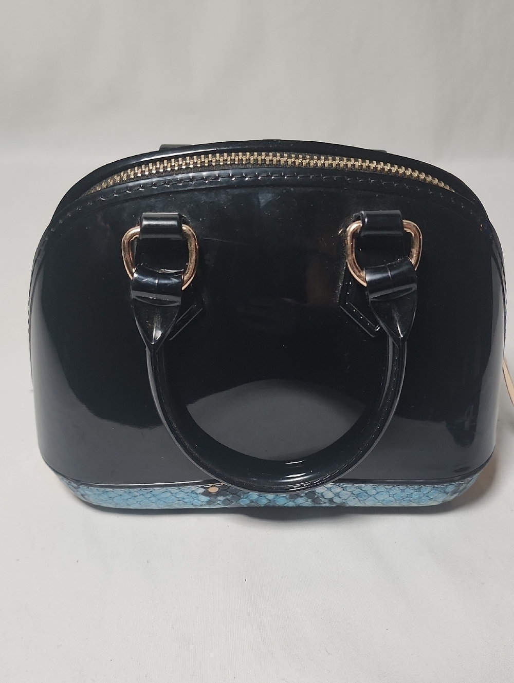 Source Unknown Black Patent Dome Bag with Blue Snakeskin Trim